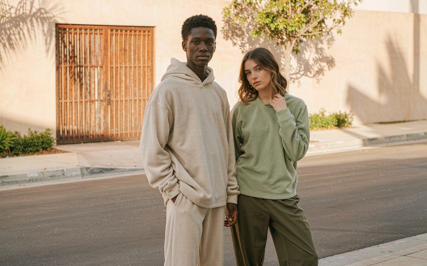 Two models wearing Sunroom fleece on a sunlit Southern California street